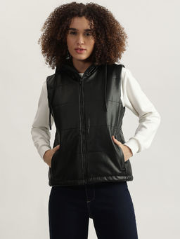 ELLE - Women Black Solid Hooded Sleeveless Jacket