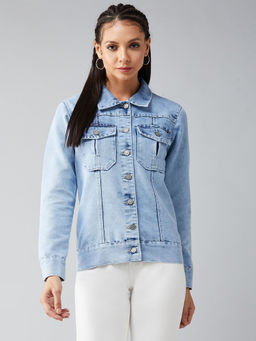 DOLCE CRUDO - Women's Light Blue Collared Full Sleeves Solid Buttoned Denim Jacket