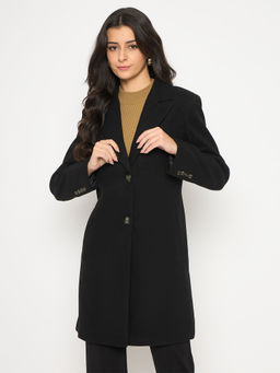 Madame - Melange Lapel Notched Slit Pocketed Black Long Coat for Women