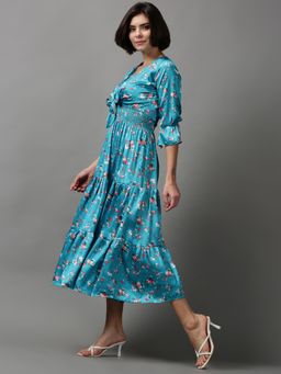 SHOWOFF - Womens Shoulder Straps Floral Turquoise Blue Midi Dress
