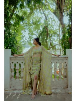 Paulmi & Harsh - Geometric Print With Drama Jacket And Crop Top (Set of 3)