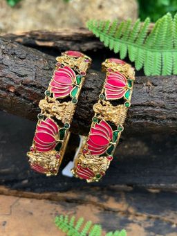 GRIIHAM - Gold plated Meenakari Lotus 2 bangles Laxmi Lotus (Pack of 2)
