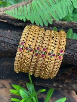 GRIIHAM - Multicolor Gold plated antique bangles 6 bangles (Pack of 6)