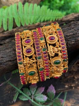 GRIIHAM - Multicolor Gold plated antique Temple bangles 6 bangles (Pack of 6)