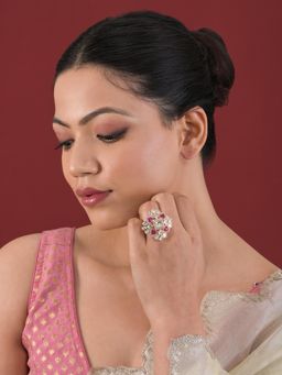 Designbox - Elegant Gold Tone Statement Ring Adorned with Clear Kundan and Pink Heart Stones.