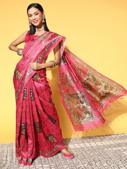 Odette - Manipuri Silk Pink Printed Designer Saree with Unstitched Blouse