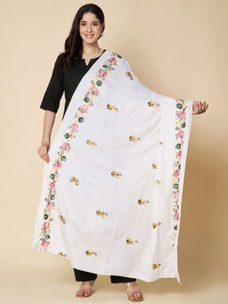 Zamour - White Rayon Multicolored Floral Embroidery Dupatta With Golden And Black Motifs