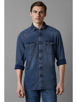 Louis Philippe - Men Navy Blue Slim Fit Solid Full Sleeves Casual Shirt