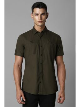 Louis Philippe - Men Olive Slim Fit Solid Half Sleeves Casual Shirt