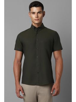 Louis Philippe - Men Olive Slim Fit Solid Half Sleeves Casual Shirt