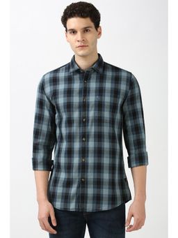 Peter England - Men Teal Slim Fit Check Shirt