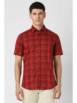 Van Heusen - Men Red Slim Fit Check Half Sleeves Casual Shirt