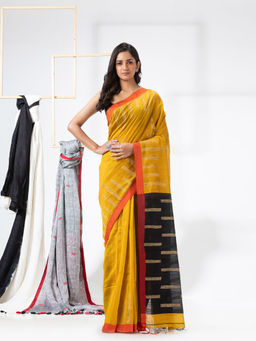 Angoshobha - Yellow Cotton Blended Festive Jamdani Saree with Unstitched Blouse