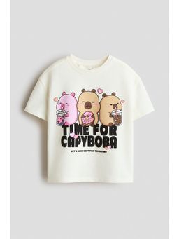 H&M - Girls White Printed Short-Sleeved Sweatshirt