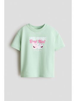 H&M - Girls Green Printed Short-Sleeved Sweatshirt