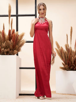 MISH - LUXE By MISH Red Satin Halter Neck Maxi Length Party Dress