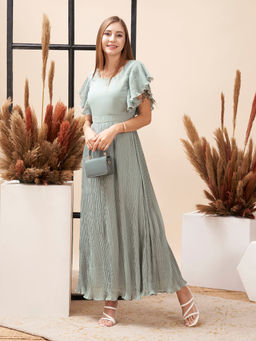 MISH - LUXE By MISH Long Party Wear Solid Green Maxi Dress