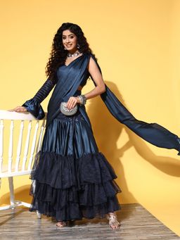 Tikhi Imli - Navy Blue Satin & Net Half Sequins Ready to Wear Saree with Unstitched Blouse