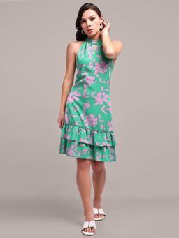 IKI CHIC - Floral Print Halter Neck Sleeveless Knee Length Dress