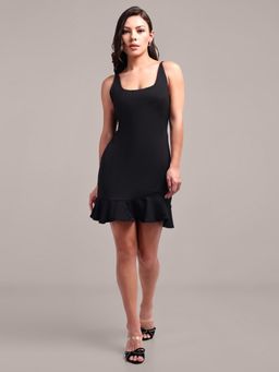 IKI CHIC - Black Body-Fitted Dress with Flared Hem for Elegance