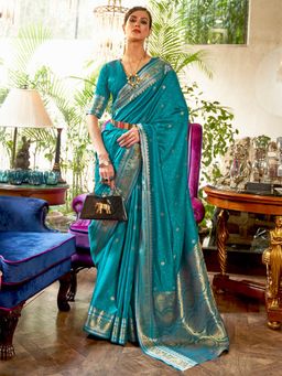 Odette - Women Silk Blend Teal Blue Woven Design Saree with Unstitched Blouse