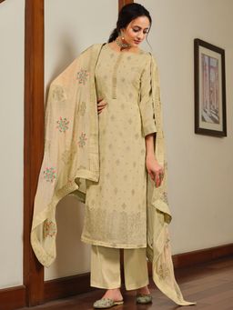 Stylee LIFESTYLE - Beige Dola Silk Embroidered Dress Material (Set of 3)