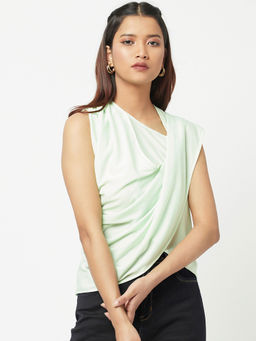 Attic Salt - Light Green Solid Asymmetrical Draped Top