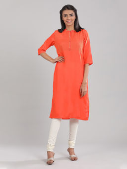 Aurelia - Orange Band Collar Solid Kurta
