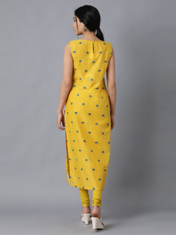 W - Yellow Round Neck Printed Kurta