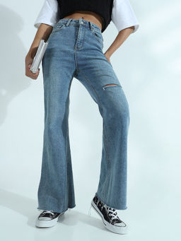 SHOWOFFFF - Edition Women's Blue High Rise Wide Jeans with Knee Slit