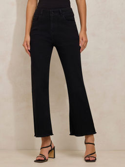 SHOWOFF - Women's Black Denim Wide Jeans with Frayed Hem