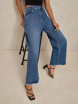 SHOWOFF - Women's Blue High Rise Wide Leg Jeans with Frayed Hem