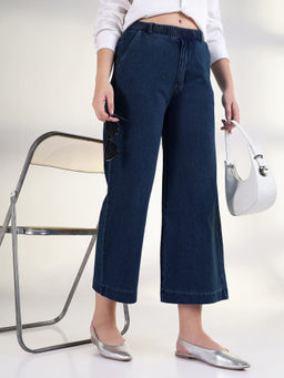 SHOWOFF - Women's Navy Blue Relaxed Fit Cropped Jeans