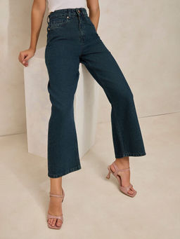 SHOWOFF - Women's Green High Rise Cropped Straight Fit Jeans