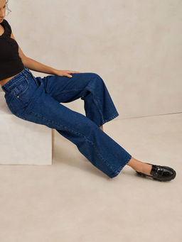 SHOWOFF - Women's Navy Blue High Rise Cropped Straight Fit Jeans
