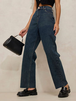 SHOWOFF - Women's Navy Blue High Rise Relaxed Fit Straight Jeans with Raw Hem