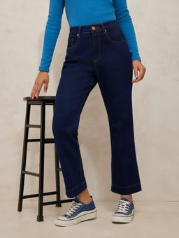 SHOWOFF - Women's Navy Blue Denim High Rise Straight Fit Cropped Jeans
