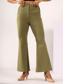 Mabish By Sonal Jain - Bootcut Stretchable Cotton Lycra Casual Trouser In Olive