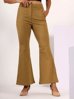 Mabish By Sonal Jain - Bootcut Stretchable Cotton Lycra Casual Trouser In Tan