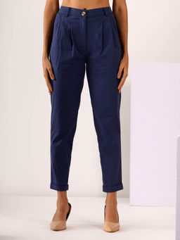 Mabish By Sonal Jain - Pleated Stretchable Cotton Lycra Casual Trouser In Navy Blue