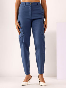 Mabish By Sonal Jain - Cargo Stretchable Cotton Lycra Casual Trouser In Denim Blue