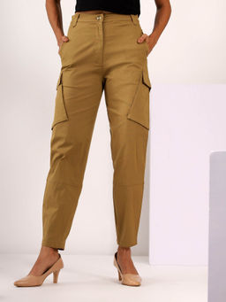 Mabish By Sonal Jain - Cargo Stretchable Cotton Lycra Casual Trouser In Khaki