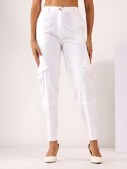 Mabish By Sonal Jain - Cargo Stretchable Cotton Lycra Casual Trouser In White
