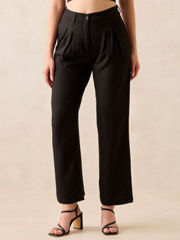 Outzidr - Black High Waisted Wide Leg Casual Trouser