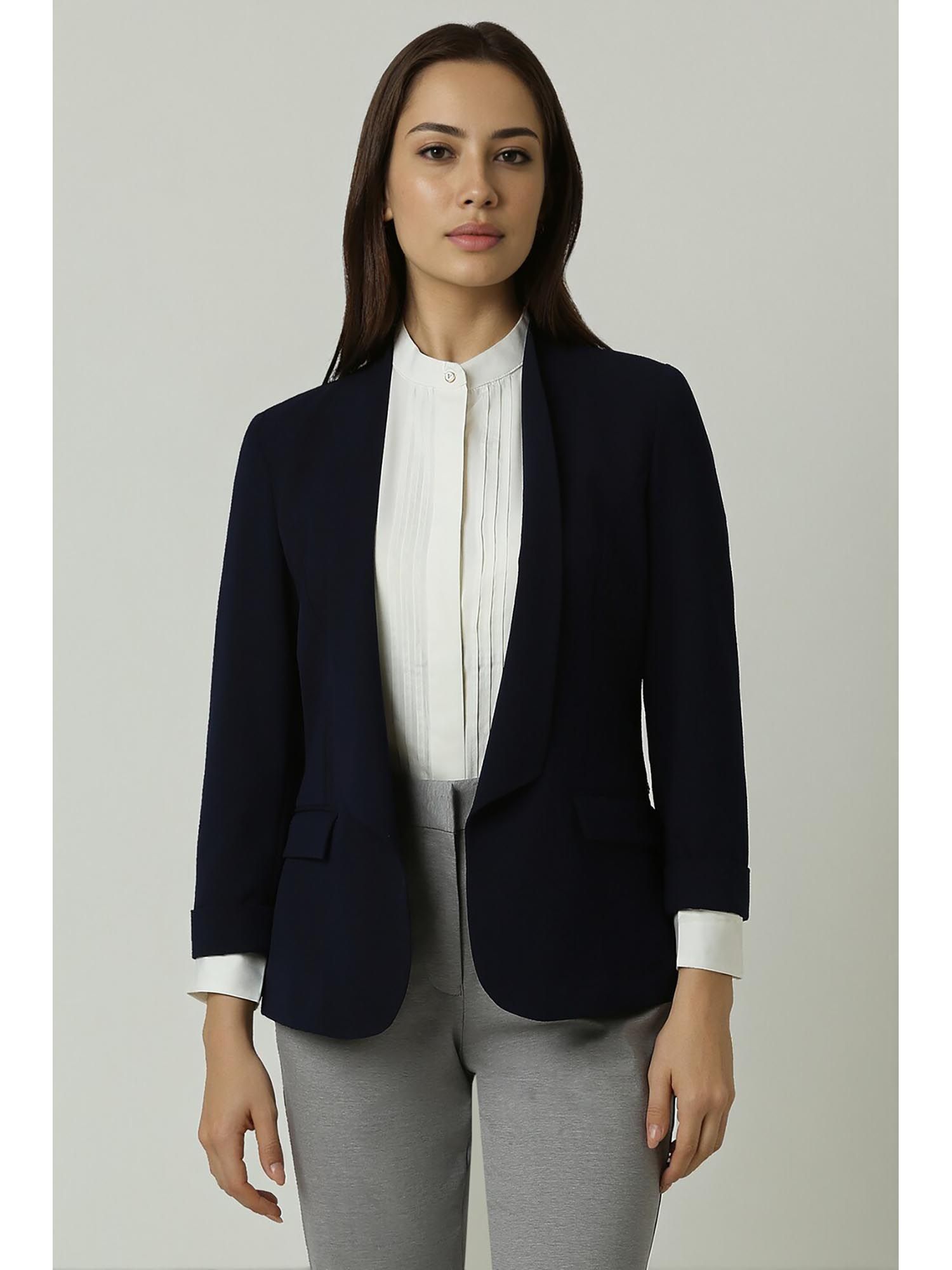 van heusen Women Navy Blue Solid Blazer-picture-37