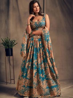 Odette - Teal Blue Floral Printed Semi Stitched Lehenga With Unstitched Blouse (Set of 3)