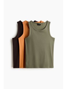 H&M - Men Brown 3-Pack Slim Fit Ribbed Vest Tops