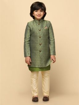 KISAH - Boys Green Textured Silk Blend Jacquard Kurta Indowestern Sherwani Pyjama Set with Ethnic Motifs