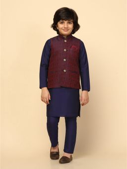 KISAH - Boy Magenta Jacket and Navy Blue Kurta and Pyjama (Set of 3)