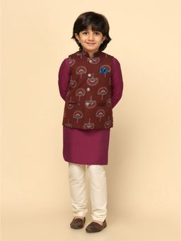 KISAH - Boy Maroon Kurta and Jacket with Pyjama (Set of 3)